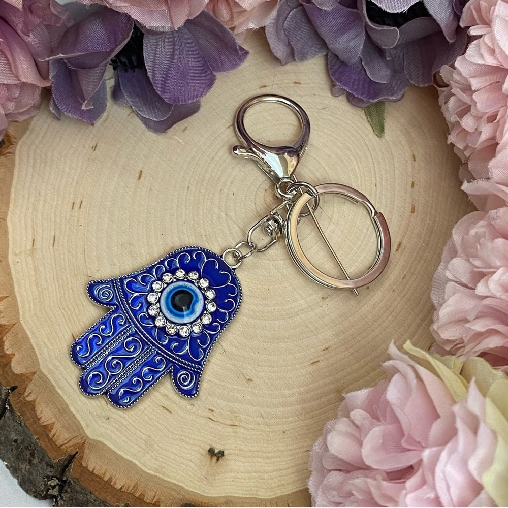 Bohemian Blue Crystal Hamsa Hand with Evil Eye Keychain - Picture 6 of 13